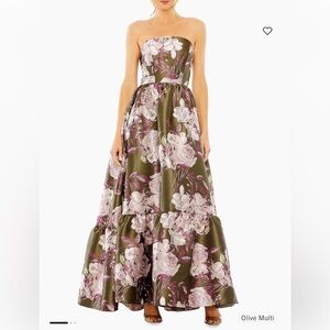 Mac Duggal Strapless Floral Gown in Olive and Pink